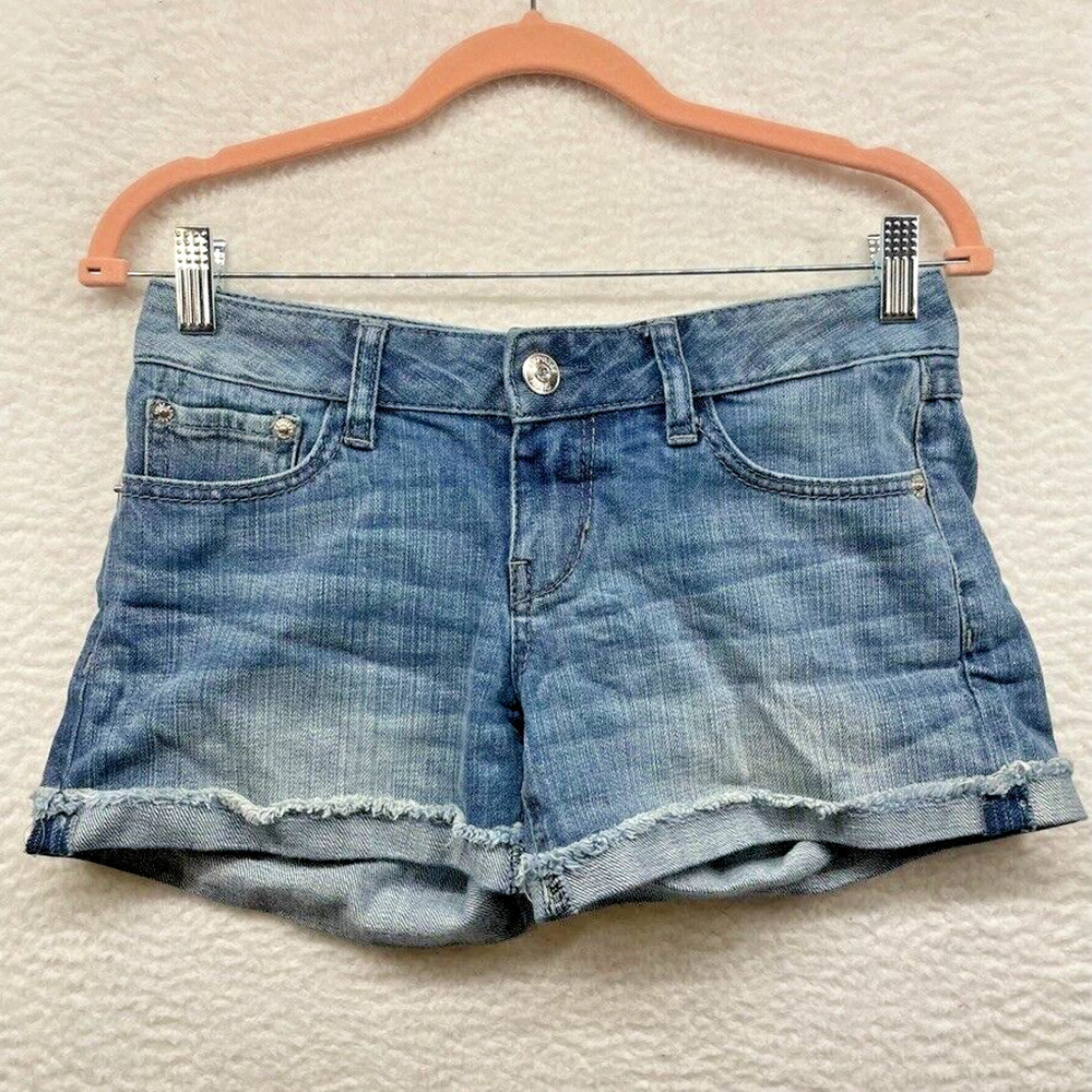 Express Shorts Womens 2 Blue Jean Denim Cuffed Faded Sequin Bling Cotton Frayed